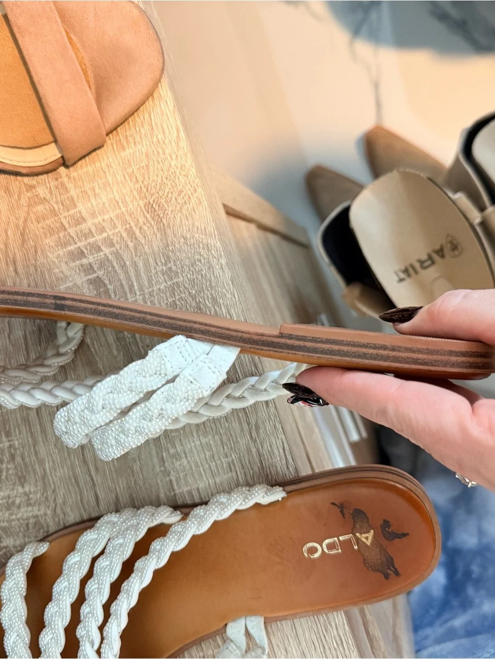 ALDO Braided Triple-Strap Slide Sandals in White and Tan
